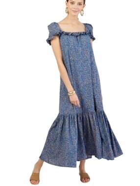 MIRTH Provence Dress Handmade Blue Flower Field Tier Ruffle Medium Maxi